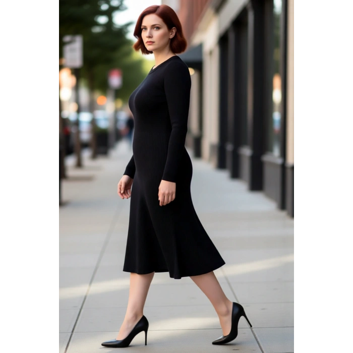 Kadın Bisiklet Yaka Midi Boy Uzun Kol Düz Desenli A line Kesim Fitilli Triko Elbise Rahatlığı