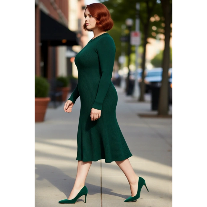 Kadın Bisiklet Yaka Midi Boy Uzun Kol Düz Desenli A line Kesim Fitilli Triko Elbise Rahatlığı