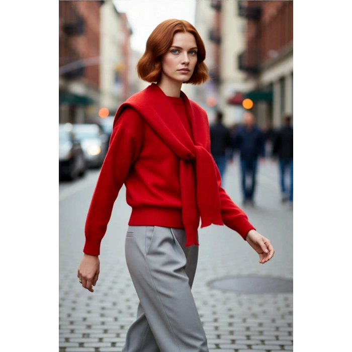 Kadın Bisiklet Yaka Oversize Kesim Düşük Kol Kalın Triko Kazak Soğuk Havalarda Konforlu ve Modern