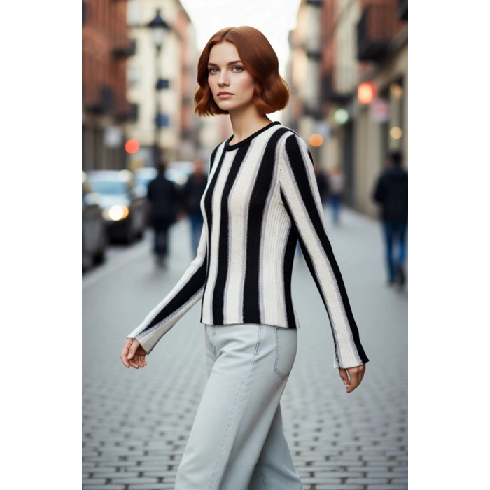 Kadın Bisiklet Yaka Renk Bloklu İnce Triko Uzun Kollu Pamuk Polyester Karışımlı Günlük Kazak