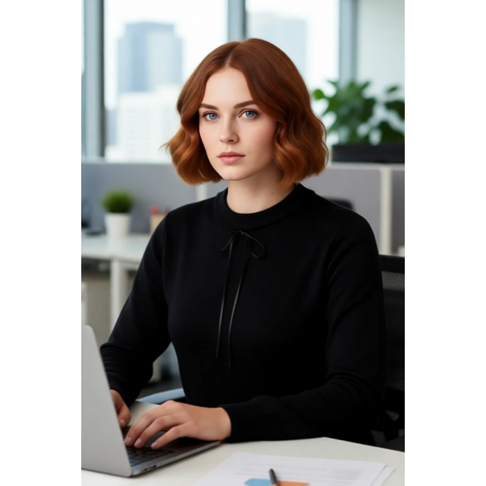 Kadın Bisiklet Yaka Siyah Dantel ve Kurdele Fiyonk Detaylı Regular Akrilik Triko Kazak Sonbahar Kış