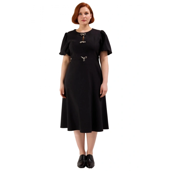 Kadın Bisiklet Yaka Skater Kalıp Midi Boy Elbise Ön Detay Fiyonkları İle Şıklığını Tamamlar