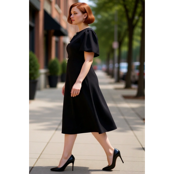 Kadın Bisiklet Yaka Skater Kalıp Midi Boy Elbise Ön Detay Fiyonkları İle Şıklığını Tamamlar