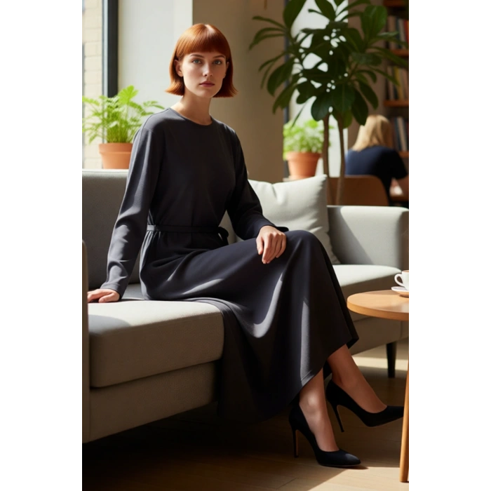 Kadın Bisiklet Yaka Standart Kol Astarsız Düz Desen Örme Elbise Günlük Şıklık Ve Konfor Sunar.