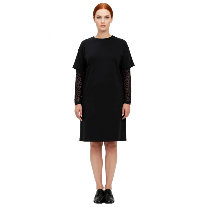Kadın Bisiklet Yaka T Shirt Elbise Düşük Kol Tül Leopar Desenli Büyük Beden %100 Pamuk Kaliteli