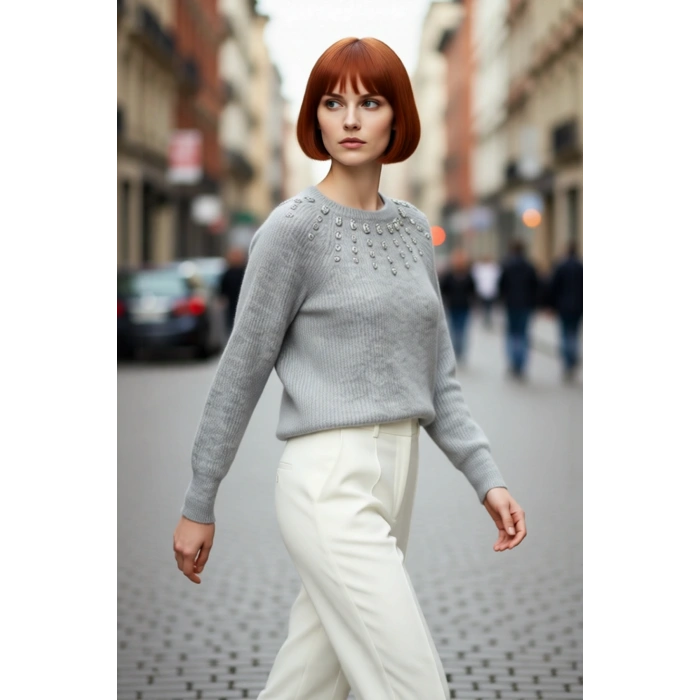 Kadın Bisiklet Yaka Taş Detaylı Yumuşak Dokulu Regular Kalıp Kışlık Triko Kazak Gündüzden Geceye