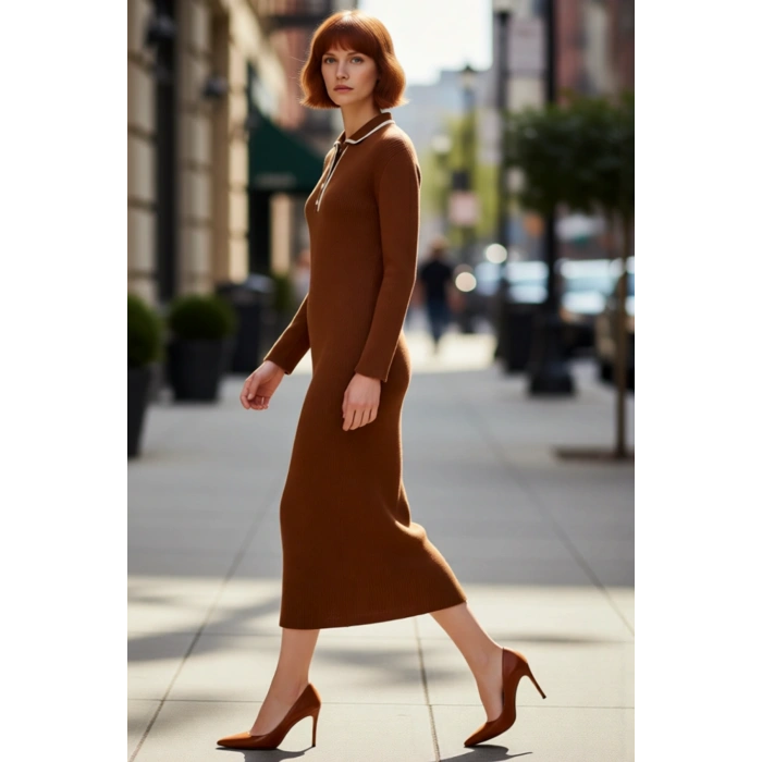 Kadın Biyeli Polo Yaka Triko Elbise Shift Kalıp Uzun Kollu Maxi Boy Kışlık Rahat Ve Modern Bir Stil