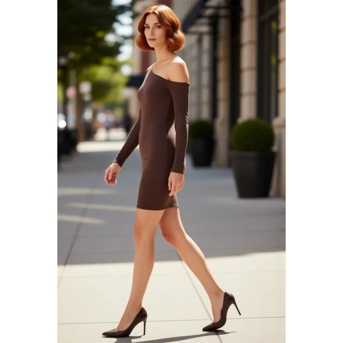 Kadın Bodycon Asimetrik Yaka Uzun Kollu Fitilli Örme Mini Elbise Gündüz Gece Davet Stili Kaliteli