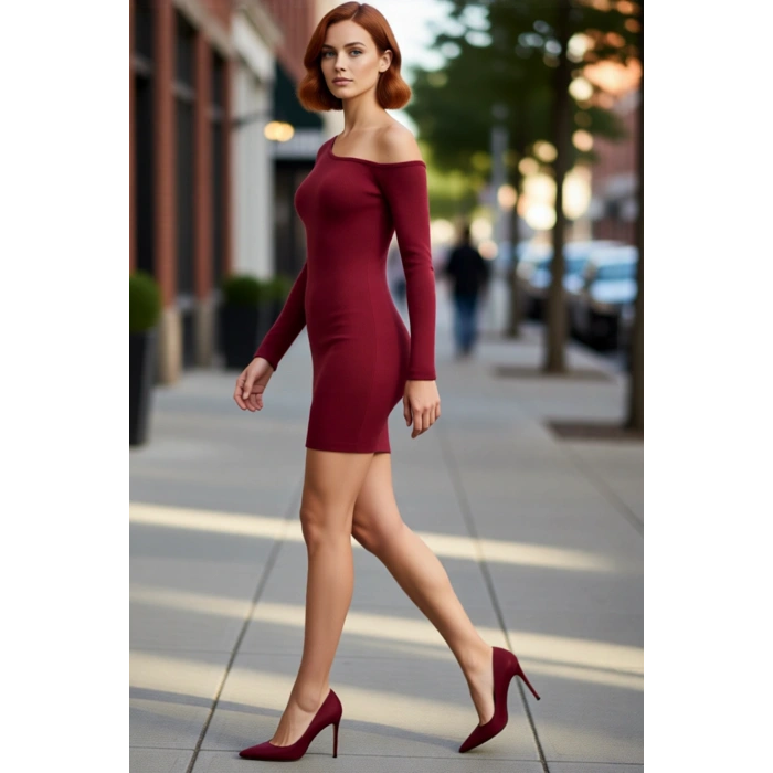 Kadın Bodycon Asimetrik Yaka Uzun Kollu Fitilli Örme Mini Elbise Gündüz Gece Davet Stili Kaliteli