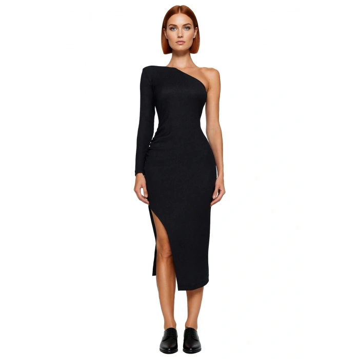 Kadın Bodycon Asimetrik Yaka Uzun Tek Kollu Midi Örme Abiye Elbise Şık Kokteyl Mezuniyet Davetleri
