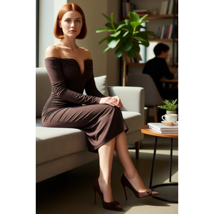 Kadın Bodycon Carmen Yaka Örme Uzun Kollu Büzgü Detaylı Şık Gece Elbisesi Sandy Dokuma Kaliteli