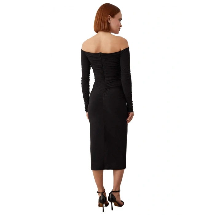 Kadın Bodycon Carmen Yaka Örme Uzun Kollu Büzgü Detaylı Şık Gece Elbisesi Sandy Dokuma Kaliteli