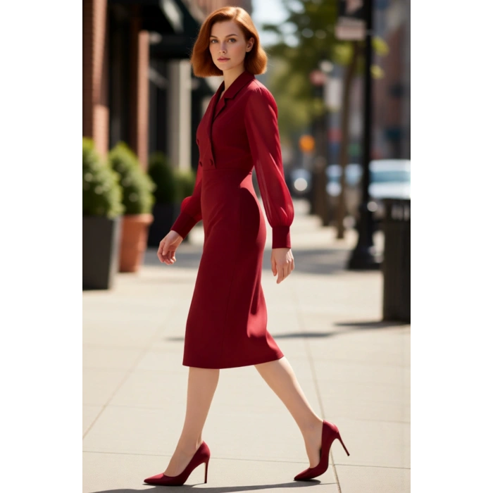 Kadın Bodycon Ceket Yaka Uzun Balon Kol Düğmeli Dokuma Midi Elbise Şık Özel Günler İçin Tarzını