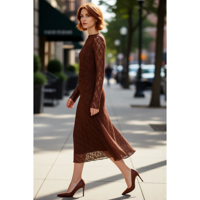 Kadın Bodycon Dantel Midi Elbise Kayık Yaka Uzun Kol Sırt Dekolteli Zarif Şık Tasarım Kaliteli