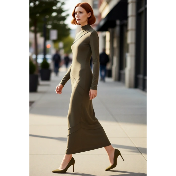 Kadın Bodycon Dik Yaka Maxi Düz Asimetrik Örme Elbise Karyoka Dikiş Detaylı Kalın Sandy Kışlık