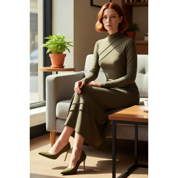 Kadın Bodycon Dik Yaka Maxi Düz Asimetrik Örme Elbise Karyoka Dikiş Detaylı Kalın Sandy Kışlık