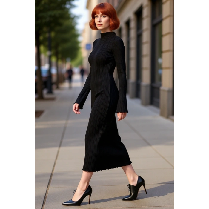 Kadın Bodycon Düz Desen Dik Yaka Maxi Triko Elbise Soğuk Kış Günleri İçin Konforlu ve Modern Şıklık