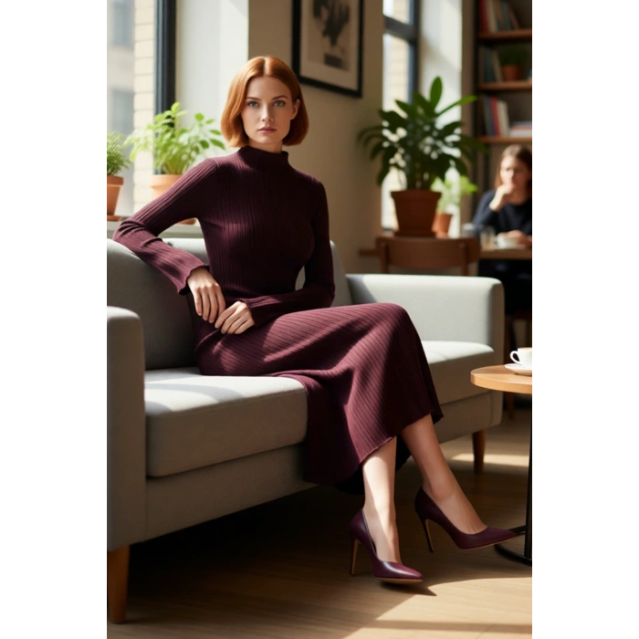 Kadın Bodycon Düz Desen Dik Yaka Maxi Triko Elbise Soğuk Kış Günleri İçin Konforlu ve Modern Şıklık