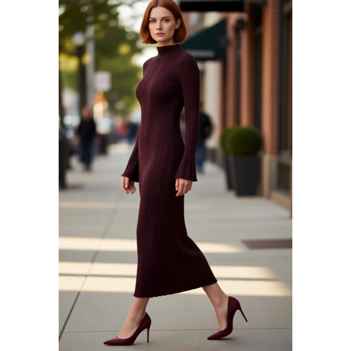 Kadın Bodycon Düz Desen Dik Yaka Maxi Triko Elbise Soğuk Kış Günleri İçin Konforlu ve Modern Şıklık