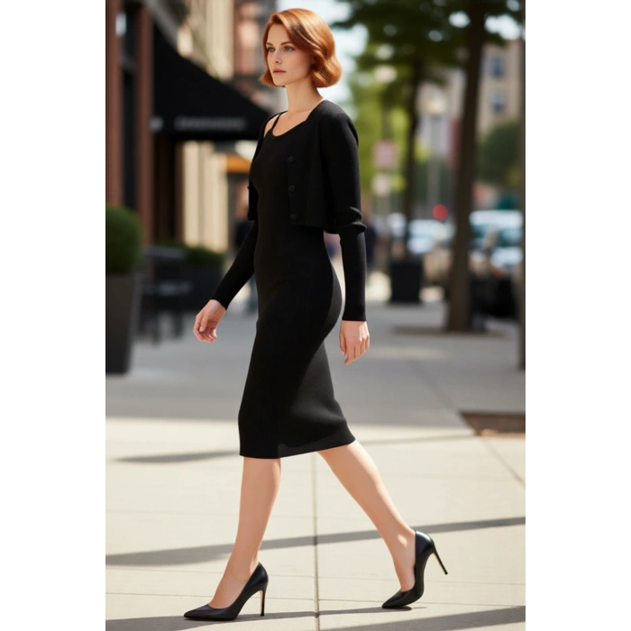 Kadın Bodycon Düz Triko Midi Elbise Uzun Kollu V Yaka Günlük Şık ve Rahat Kombinler İçin Kaliteli