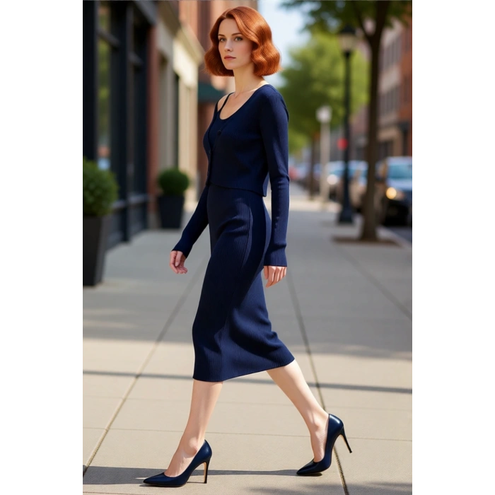 Kadın Bodycon Düz Triko Midi Elbise Uzun Kollu V Yaka Günlük Şık ve Rahat Kombinler İçin Kaliteli