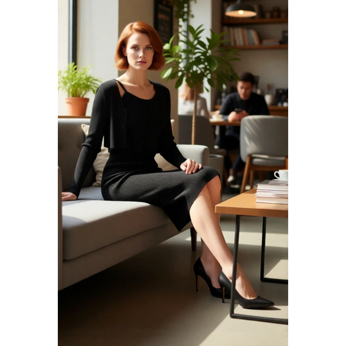 Kadın Bodycon Düz Triko Midi Elbise Uzun Kollu V Yaka Günlük Şık ve Rahat Kombinler İçin Kaliteli