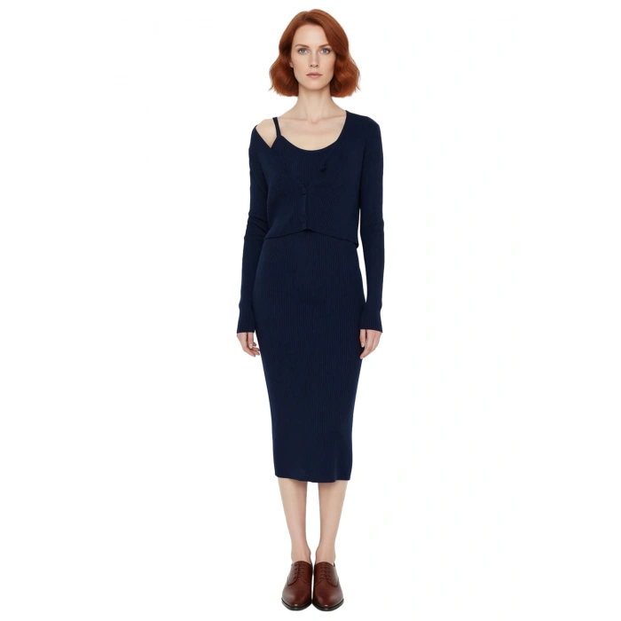 Kadın Bodycon Düz Triko Midi Elbise Uzun Kollu V Yaka Günlük Şık ve Rahat Kombinler İçin Kaliteli