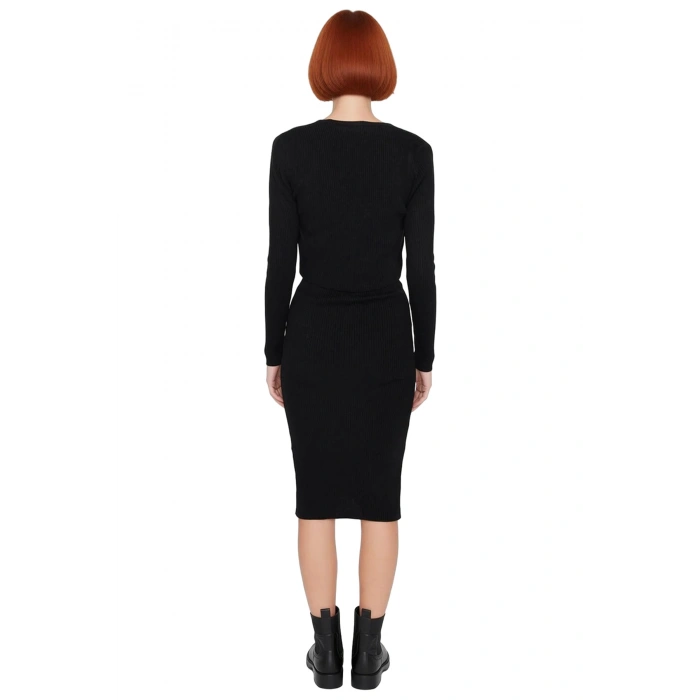 Kadın Bodycon Düz Triko Midi Elbise Uzun Kollu V Yaka Günlük Şık ve Rahat Kombinler İçin Kaliteli