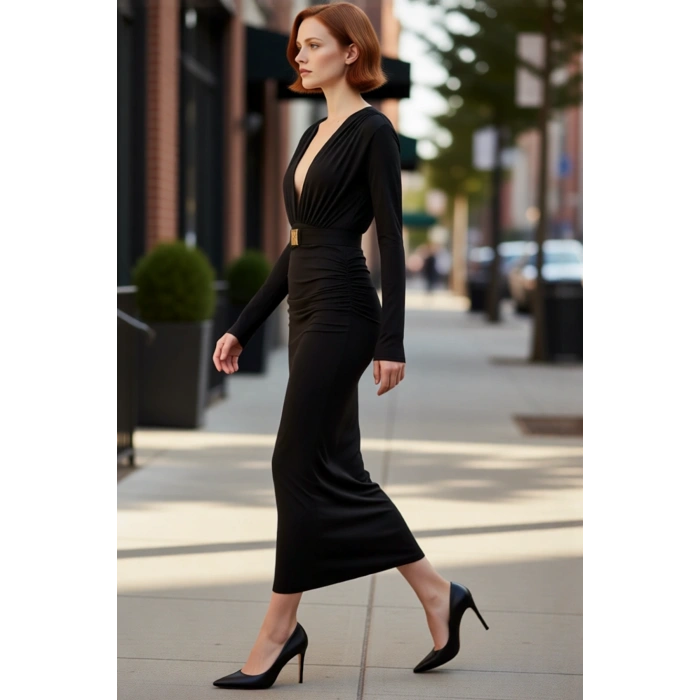 Kadın Bodycon Fashion Forward V Yaka Uzun Kollu Kemerli Midi Örme Şık Gece Davet Elbisesi Kaliteli