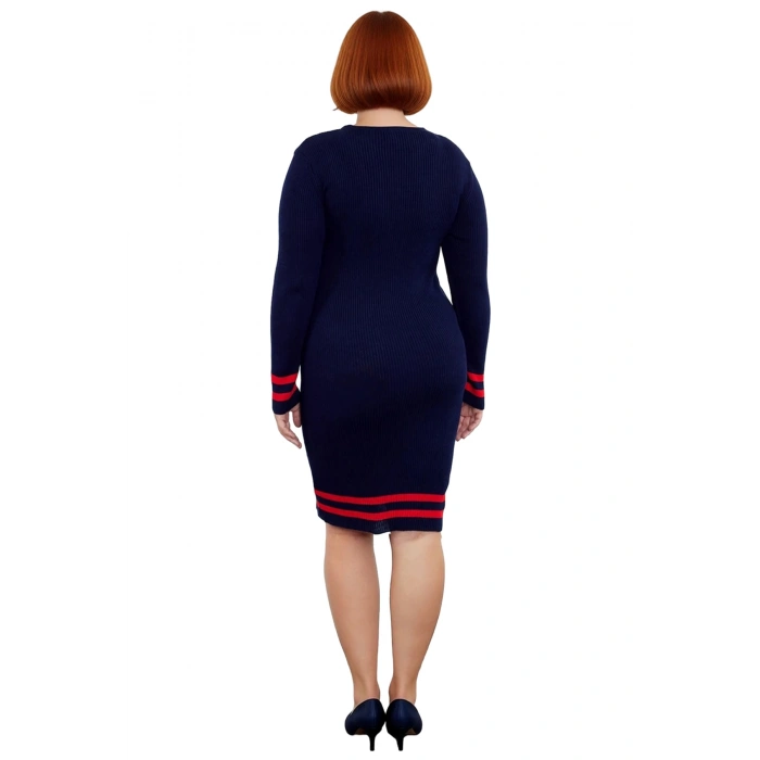 Kadın Bodycon Fitilli Triko Kazak Elbise Bisiklet Yaka Uzun Kol Çizgili Detaylar ile Şık Görünüm