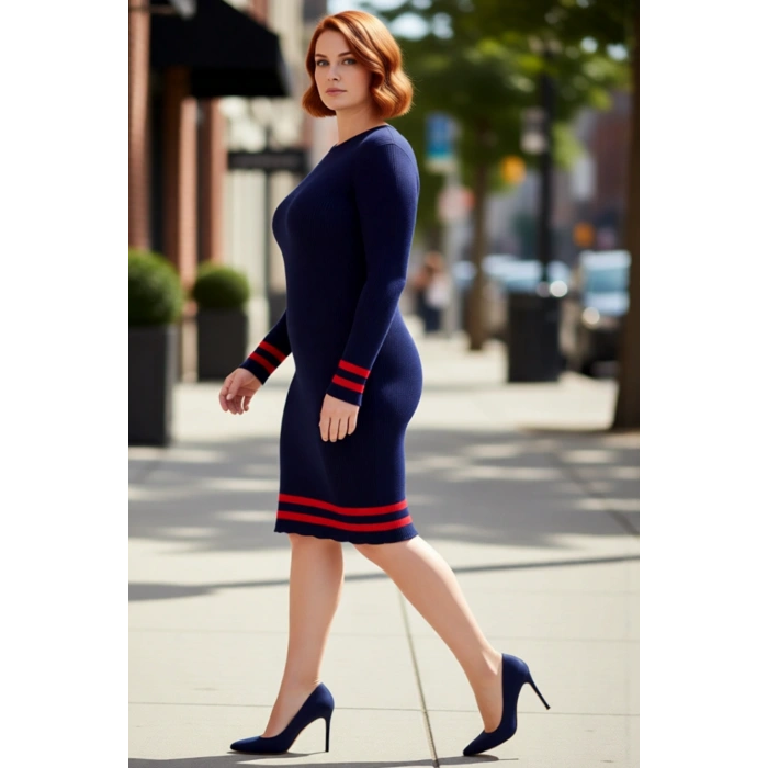 Kadın Bodycon Fitilli Triko Kazak Elbise Bisiklet Yaka Uzun Kol Çizgili Detaylar ile Şık Görünüm