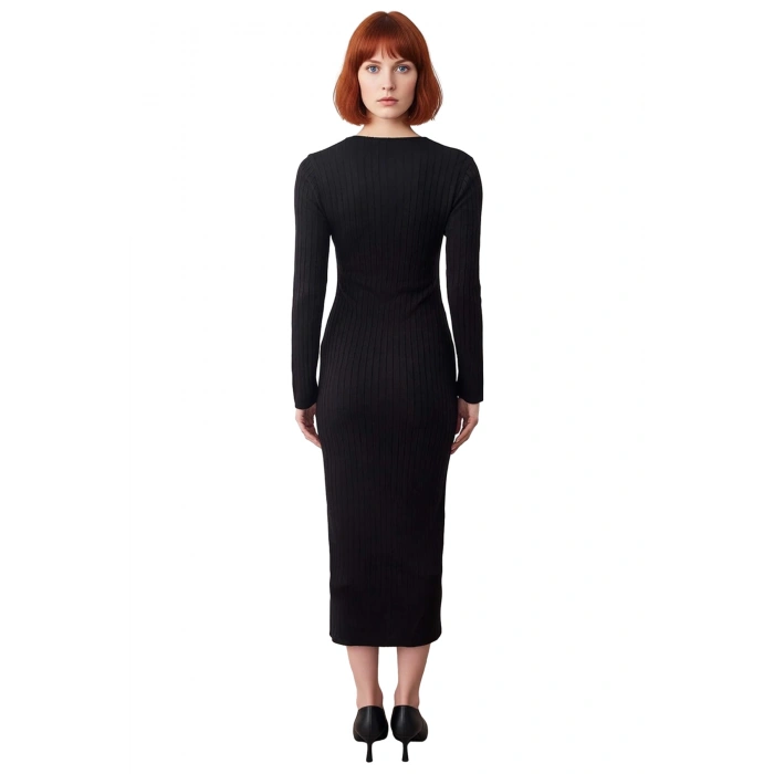 Kadın Bodycon Fitilli Triko Midi Elbise Asimetrik Düğme Detaylı Uzun Kollu Şık ve Konforlu Akrilik