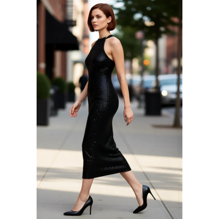 Kadın Bodycon Halter Yaka Midi Boy Astarlı Parıltılı Pul İşlemeli Şık Abiye Gece Elbisesi Kaliteli