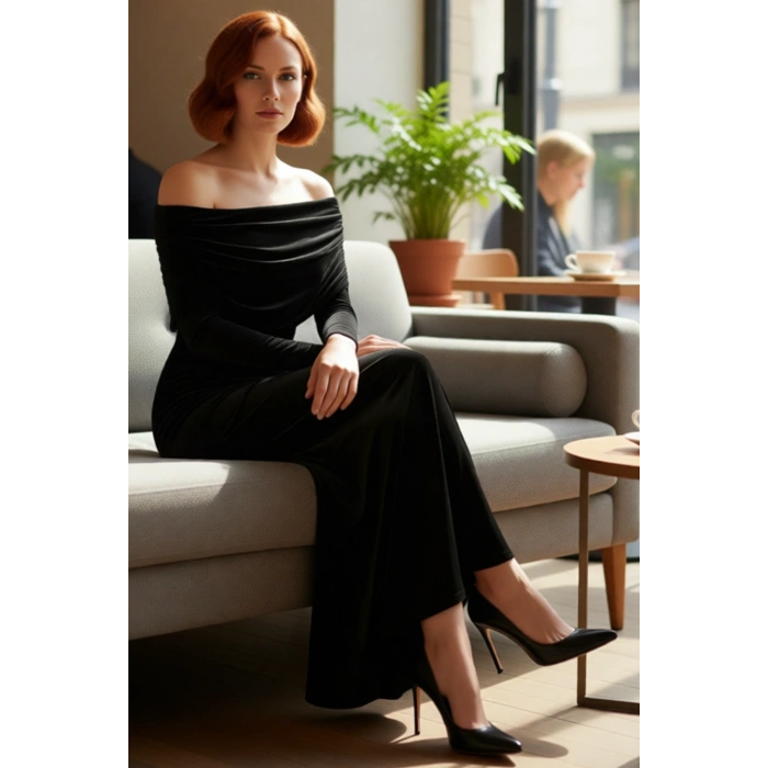 Kadın Bodycon Kahverengi Uzun Kol Carmen Yaka Maxi Elbise Şık Akşam Davetleri İçin İdeal Kaliteli