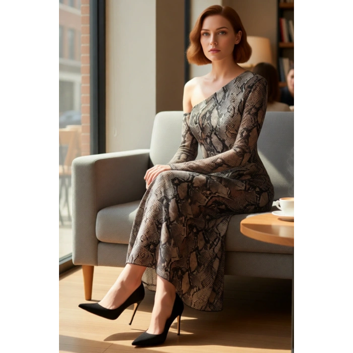 Kadın Bodycon Kalıp Düşük Uzun Kollu Asimetrik Yaka Animal Desen Astarlı Maxi Tül Elbise Fırfırlı