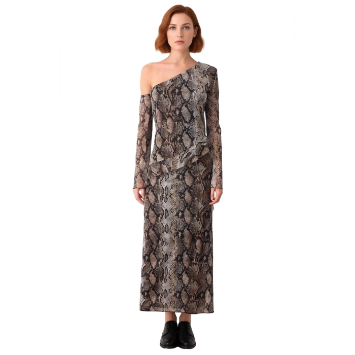 Kadın Bodycon Kalıp Düşük Uzun Kollu Asimetrik Yaka Animal Desen Astarlı Maxi Tül Elbise Fırfırlı