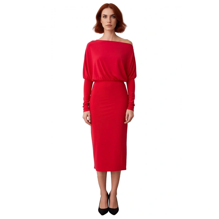 Kadın Bodycon Kalıp Düz Asimetrik Yaka Düşük Uzun Kol Yırtmaç Detaylı Şık Midi Örme Elbise Kış