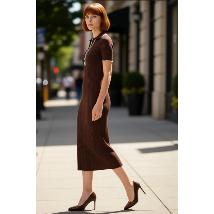 Kadın Bodycon Kalıp İnce Triko Midi Elbise Polo Yaka Renk Blok Detaylı Kısa Kollu Basic Kaliteli