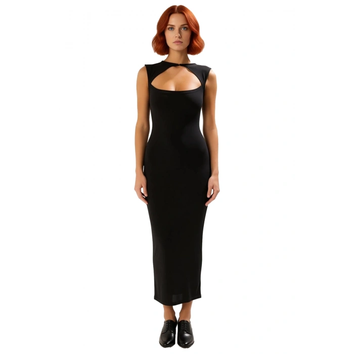 Kadın Bodycon Kalıp Kolsuz Maxi Elbise Cut Out Detaylı Zarif Sandy Dokulu Polyester Örme Kaliteli