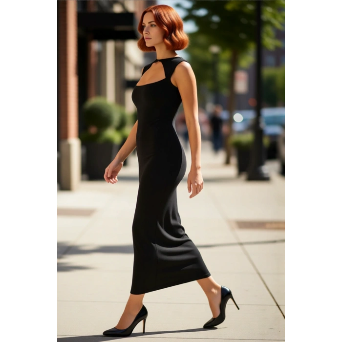 Kadın Bodycon Kalıp Kolsuz Maxi Elbise Cut Out Detaylı Zarif Sandy Dokulu Polyester Örme Kaliteli
