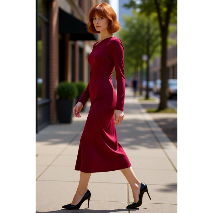 Kadın Bodycon Kalıp Midi Boy Asimetrik Yaka Düz Desen Uzun Kol Örme Elbise Şık ve Rahat Kışlık Seçim