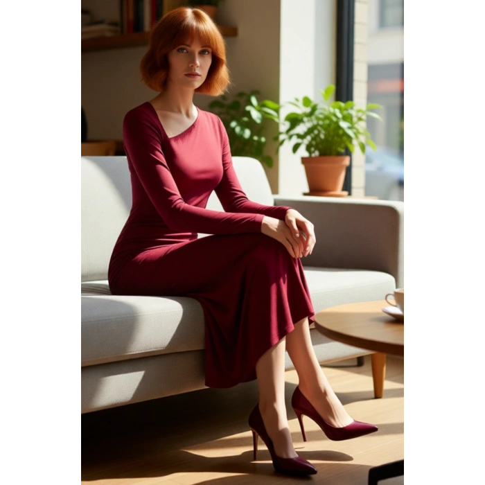 Kadın Bodycon Kalıp Midi Boy Asimetrik Yaka Düz Desen Uzun Kol Örme Elbise Şık ve Rahat Kışlık Seçim