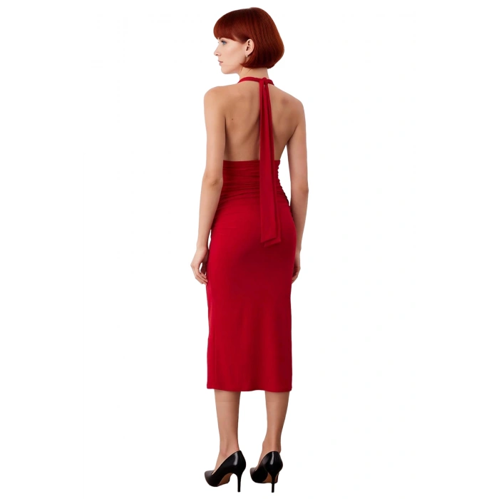 Kadın Bodycon Kalıp Midi Boy Boyundan Bağlamalı Kolsuz Şık Örme Elbise Aksesuar Detaylı Özel