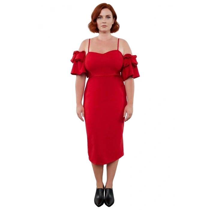 Kadın Bodycon Kalp Yaka Midi Abiye Elbise İnce Askılı Omuz Fırfırlı Özel Davetler İçin Şık Tasarım