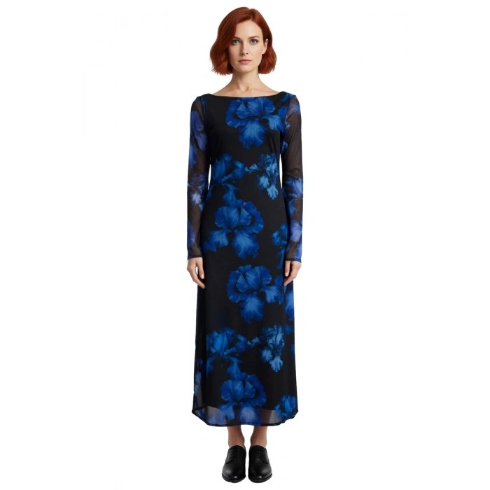 Kadın Bodycon Kayık Yaka Maxi Elbise Tül Detaylı Uzun Kollu Sırt Dekolteli Şık Çiçekli Tasarım