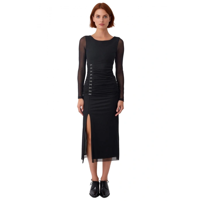 Kadın Bodycon Kesim Agraflı Uzun Kollu Tül Detaylı Örme Maxi Kokteyl Elbise Şık Davetler İçin