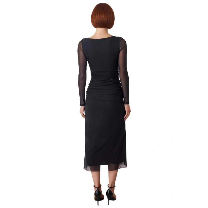 Kadın Bodycon Kesim Agraflı Uzun Kollu Tül Detaylı Örme Maxi Kokteyl Elbise Şık Davetler İçin