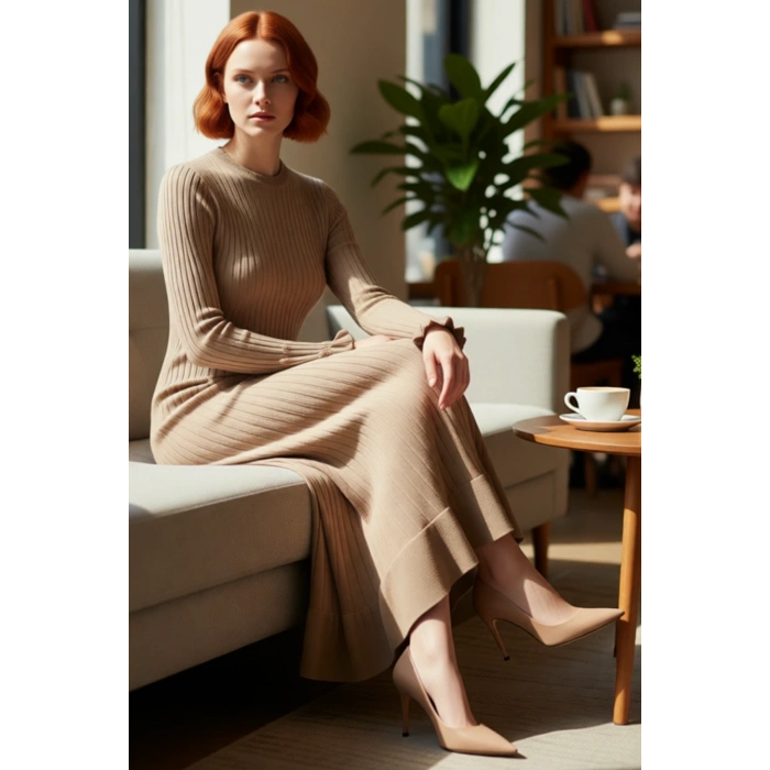 Kadın Bodycon Kesim Akrilik Ribana Triko Maxi Elbise İncili Detaylı Uzun Kol Şıklığı Kaliteli