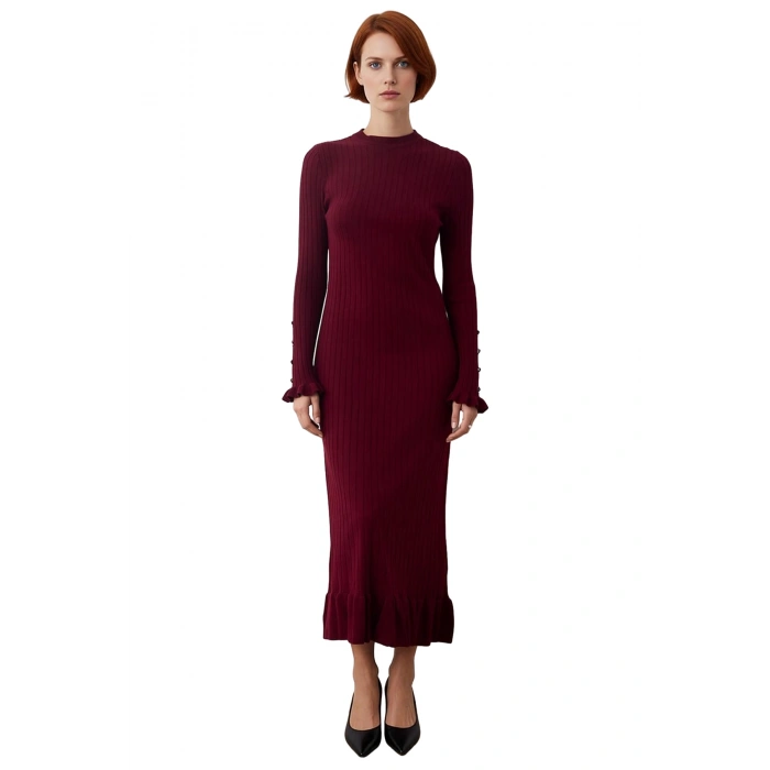 Kadın Bodycon Kesim Akrilik Ribana Triko Maxi Elbise İncili Detaylı Uzun Kol Şıklığı Kaliteli