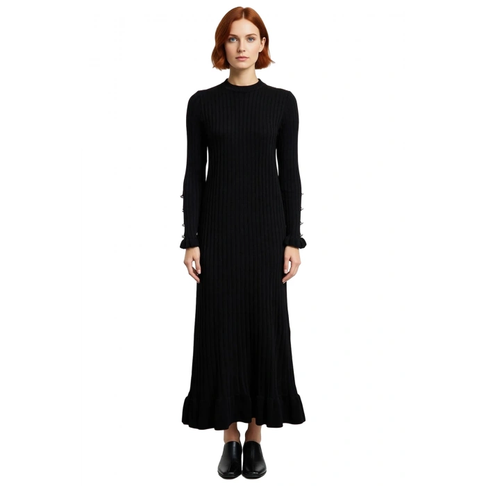 Kadın Bodycon Kesim Akrilik Ribana Triko Maxi Elbise İncili Detaylı Uzun Kol Şıklığı Kaliteli